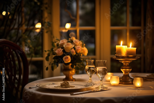 An elegantly set romantic dinner table illuminated by candlelight - with soft flickering flames creating an intimate atmosphere for a fine dining experience. photo