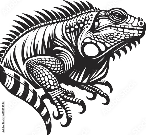 Scaly iguana in black and white illustration