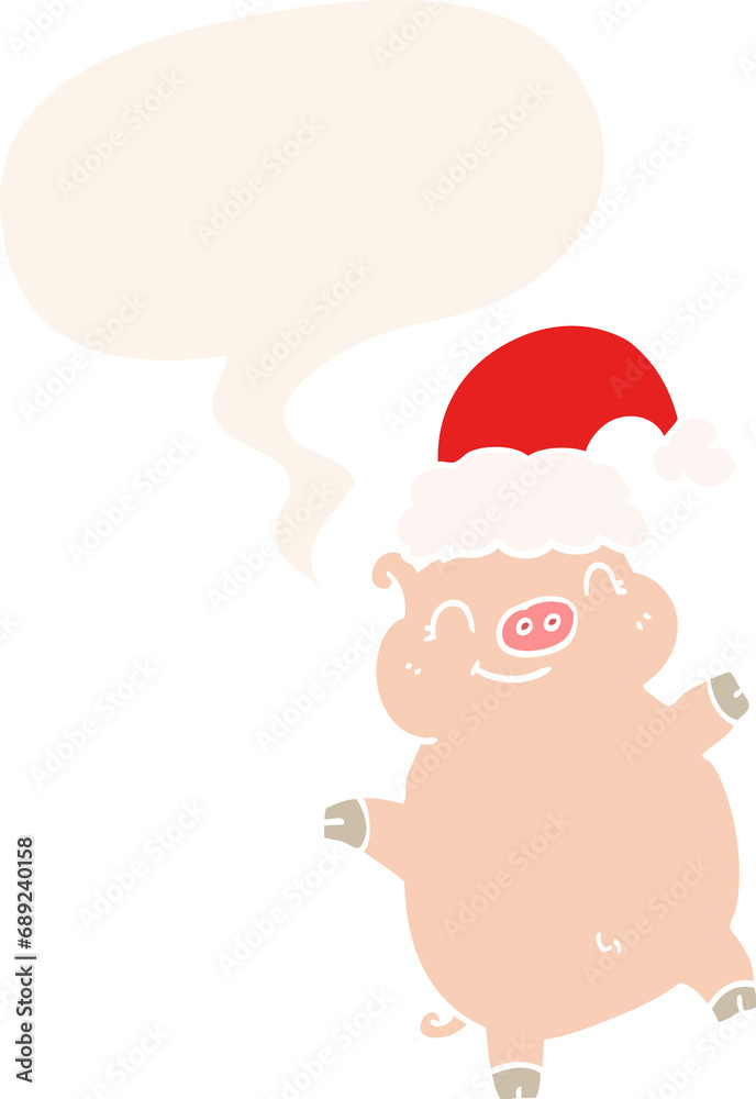 cartoon happy christmas pig with speech bubble in retro style cartoon happy christmas pig with speech bubble in retro style