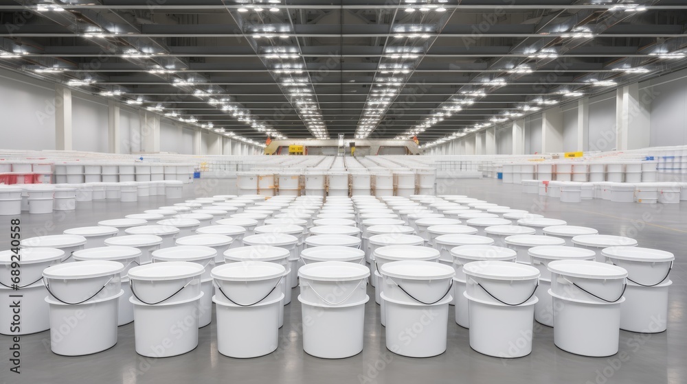 Large warehouse with many sealed metal pails of paint or other chemical products. Logistics. Inventory control, order fulfillment, or space optimization. Illustration for advertising or marketing. Large warehouse with many sealed metal pails of paint or other chemical products. Logistics. Inventory control, order fulfillment, or space optimization. Illustration for advertising or marketing.