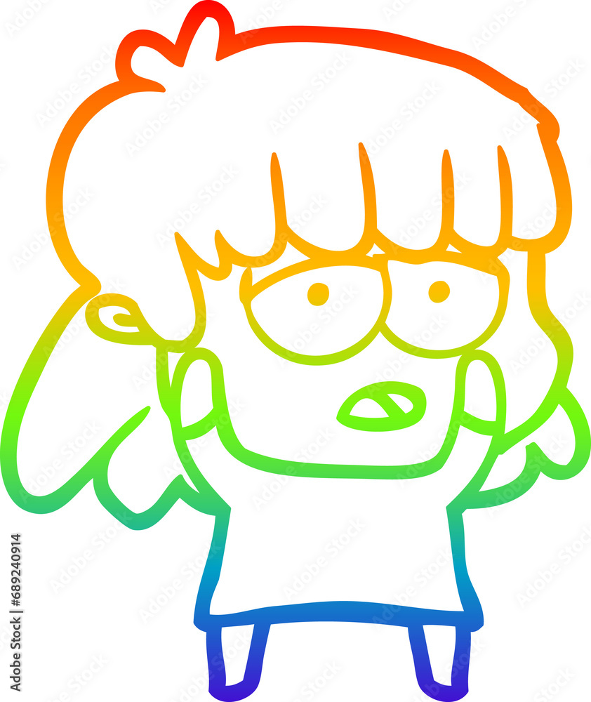Obraz premium rainbow gradient line drawing of a cartoon tired woman