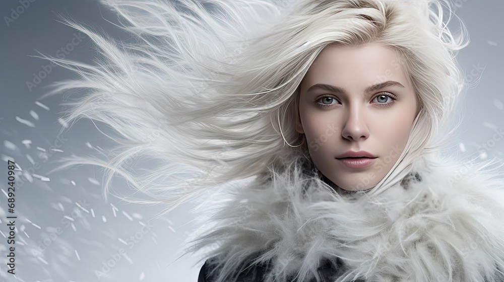 Close-up portrait of a young girl on a winter day. A strong wind is blowing the woman's hair. The concept of natural female beauty. The frozen dynamics of snowfall. Beautiful feminine image.