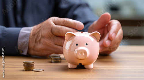 Joyful elderly man holding a pink piggybank, symbolizing financial security and the importance of savings, especially for retirement.