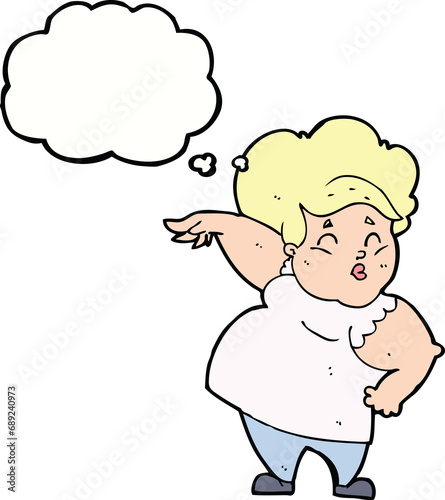 cartoon happy overweight lady with thought bubble