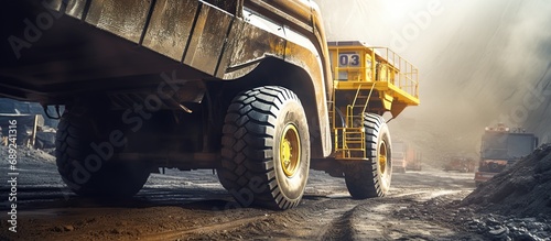 Huge wheels of a yellow dump truck for anthracite coal, dusty wheel tracks , photo