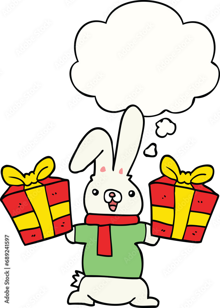 cartoon rabbit with christmas presents with thought bubble
