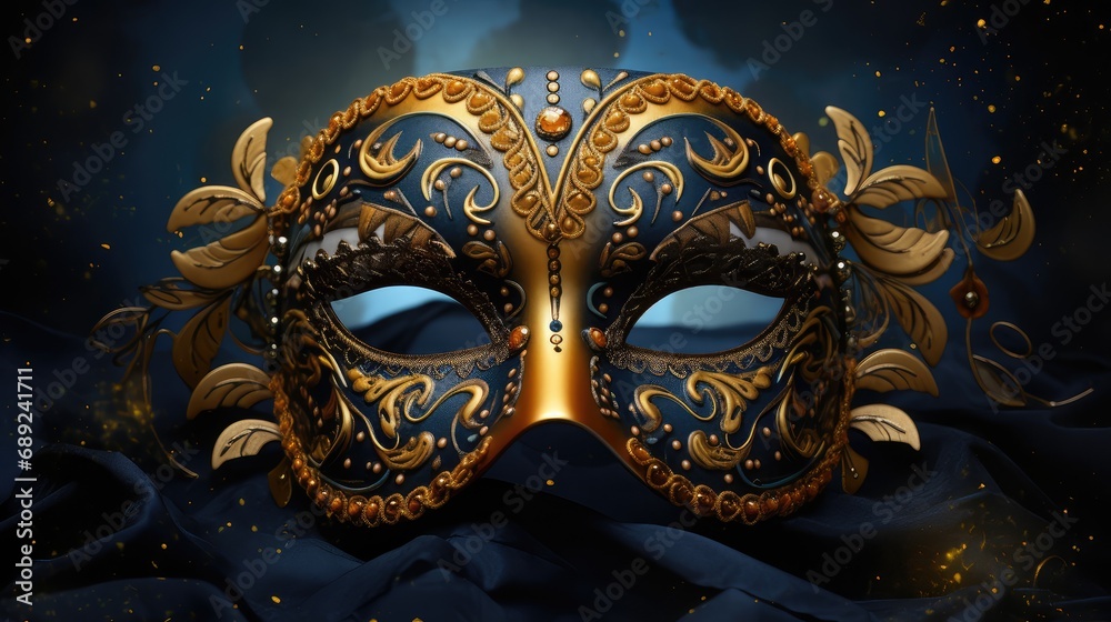Blue and gold carnival mask with patterns on a black background