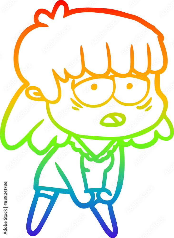 rainbow gradient line drawing of a cartoon tired woman rainbow gradient line drawing of a cartoon tired woman