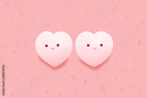 Minimalist drawing of two blushing hearts holding hands, set against a pastel pink background.