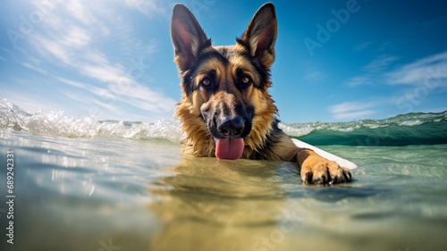 German shepherd dog playful surfing board on beach realistic wallpaper