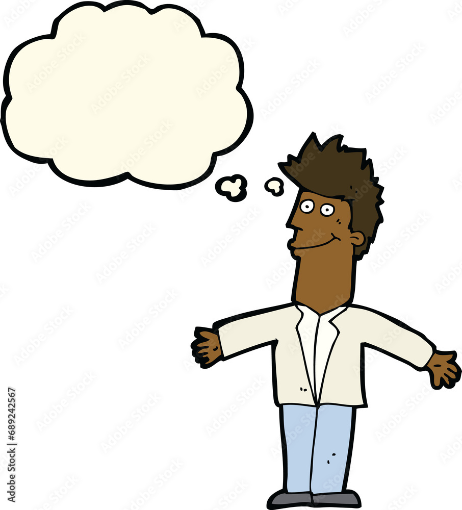 cartoon happy man with thought bubble