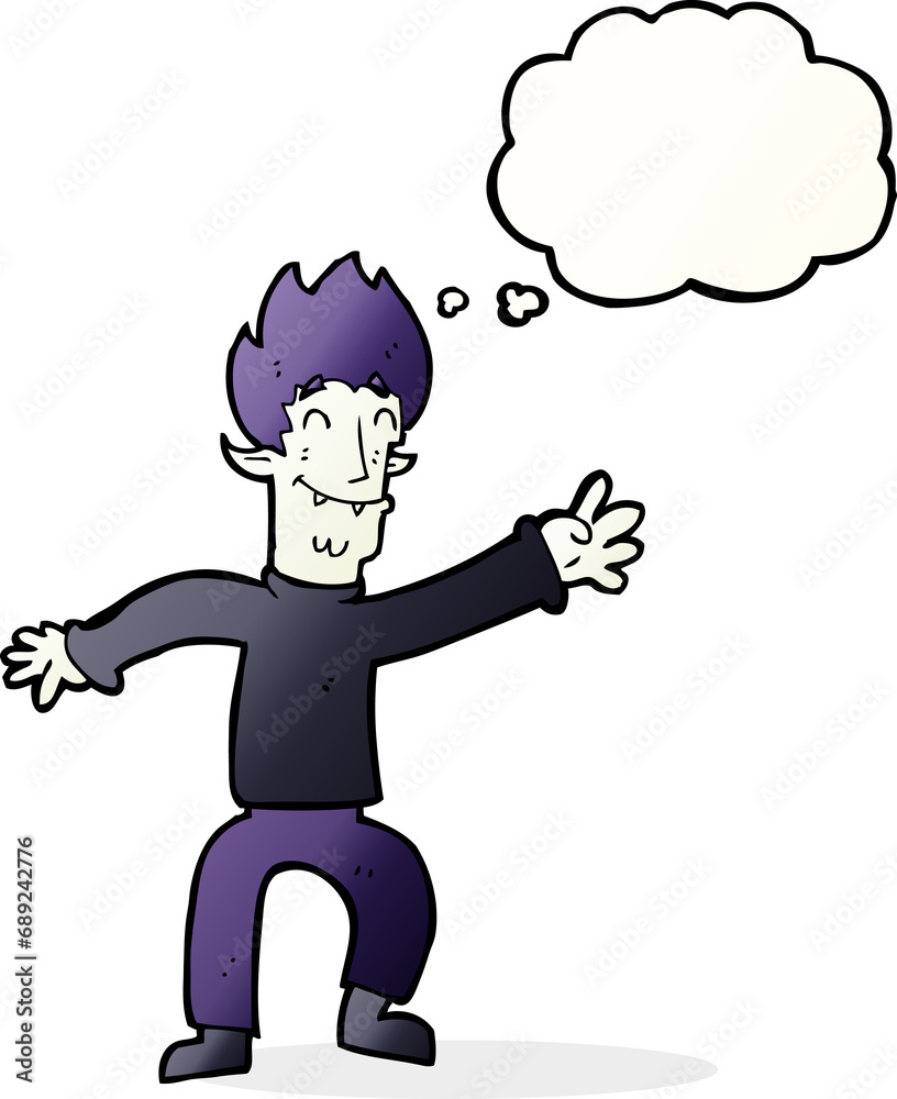 cartoon happy vampire man with thought bubble