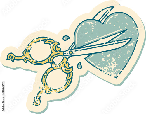 iconic distressed sticker tattoo style image of scissors cutting a heart