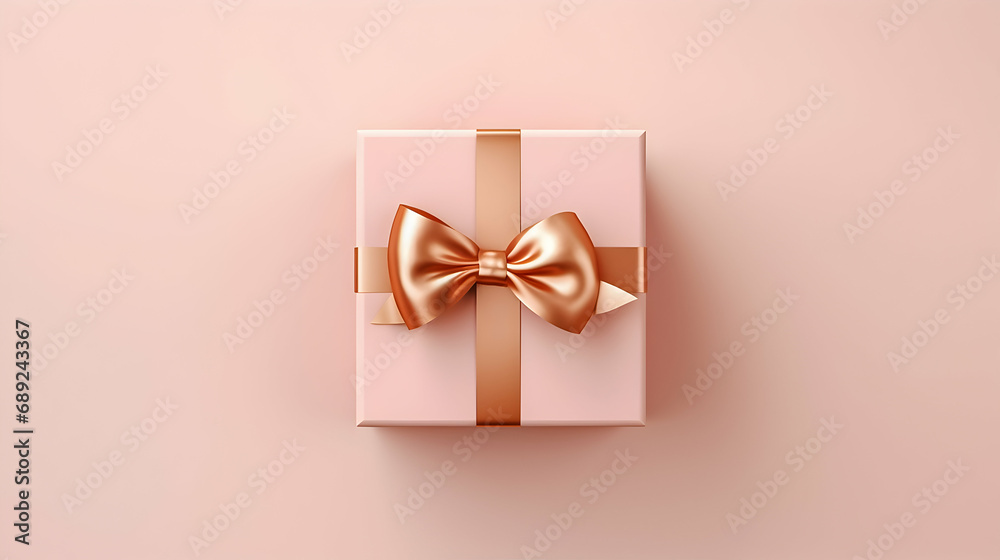 Light beige gift box with gold ribbon on the beige background.  - obrazy, fototapety, plakaty 