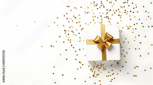 White gift box with golden ribbon on the white background. Copy space. 