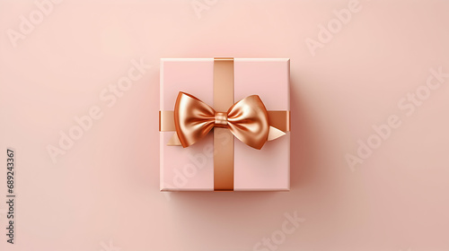Light beige gift box with gold ribbon on the beige background.  photo