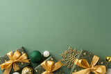 Festive vibes for the holiday season. Top view of presents adorned with ribbons, lavish baubles, snowflake accent, radiant golden sequins against a muted green background