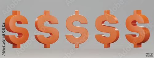Set of orange US dollar currency symbol isolated on gray background. Orange dollar sign. 3D signs money currency sign. 3D vector Illustration.