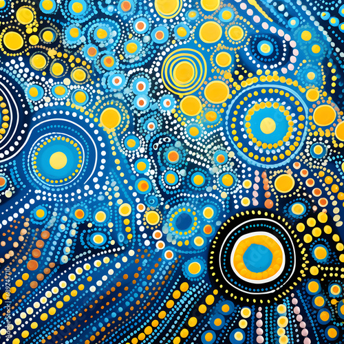 A beautiful composition of colorful circles, lines, dots. blue, yellow, black, orange color. Australian pattern