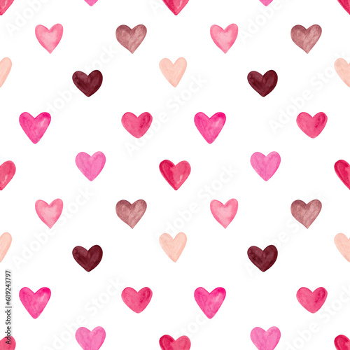 Red and Pink pastel watercolor hearts seamless pattern. Valentines day decor for cards, fabric, wrapping paper, scrapbooking. Hand painted