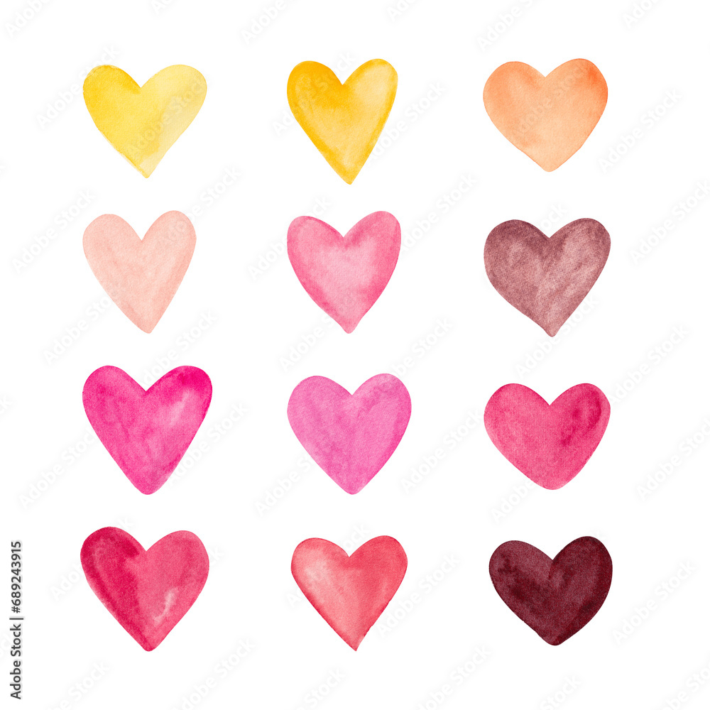Red, Pink and Yellow pastel watercolor hearts. Valentines day decor for cards, fabric, wrapping paper, scrapbooking. Hand painted