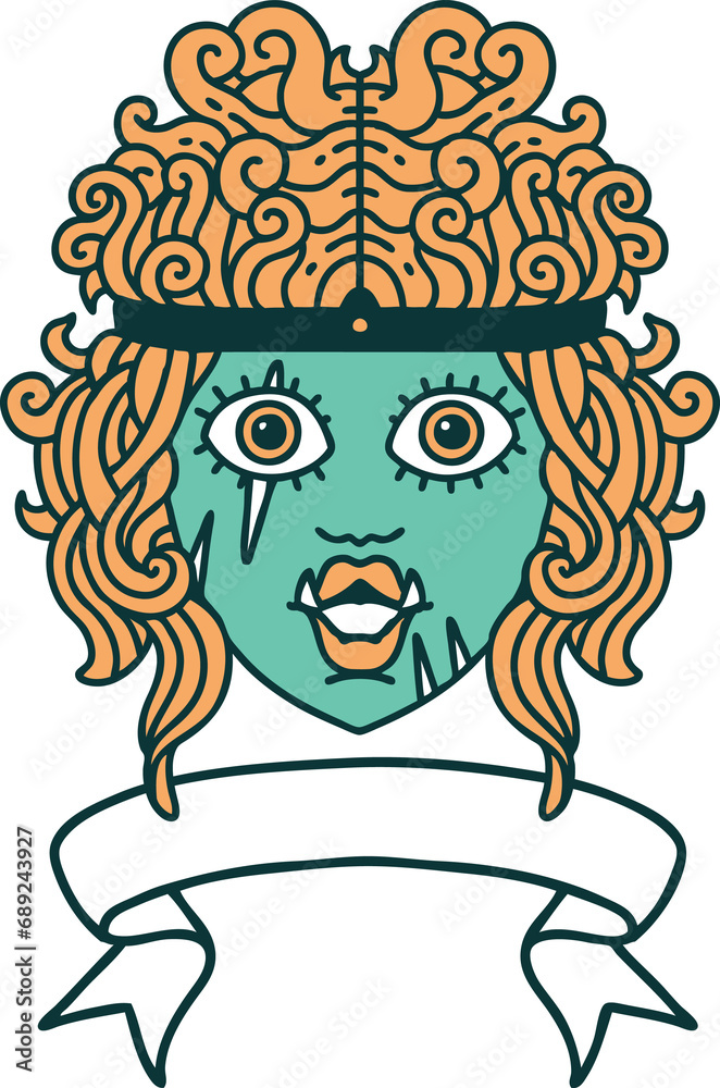 Retro Tattoo Style orc barbarian character face with banner Retro Tattoo Style orc barbarian character face with banner