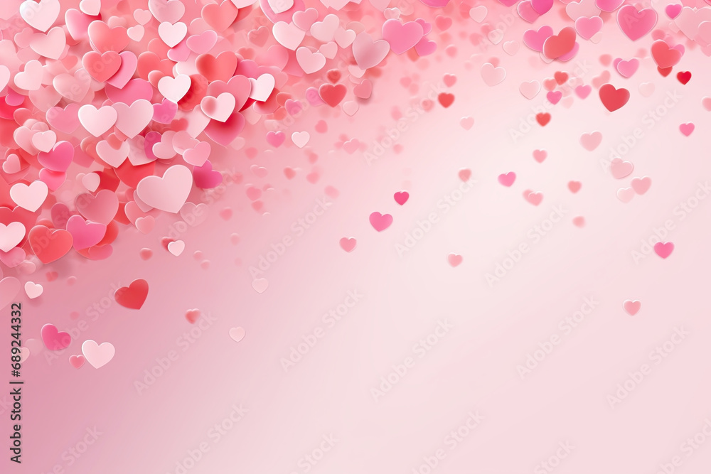 A minimalist background with a soft pink gradient and scattered heart-shaped confetti.