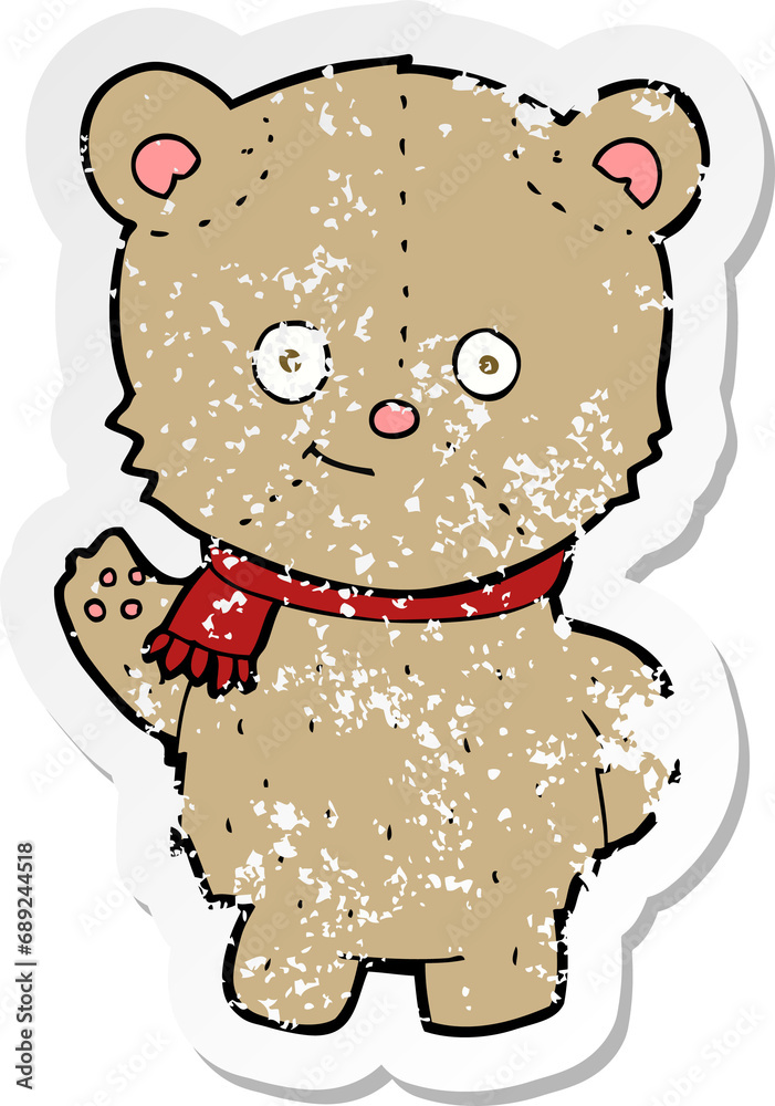 retro distressed sticker of a cartoon waving teddy bear retro distressed sticker of a cartoon waving teddy bear