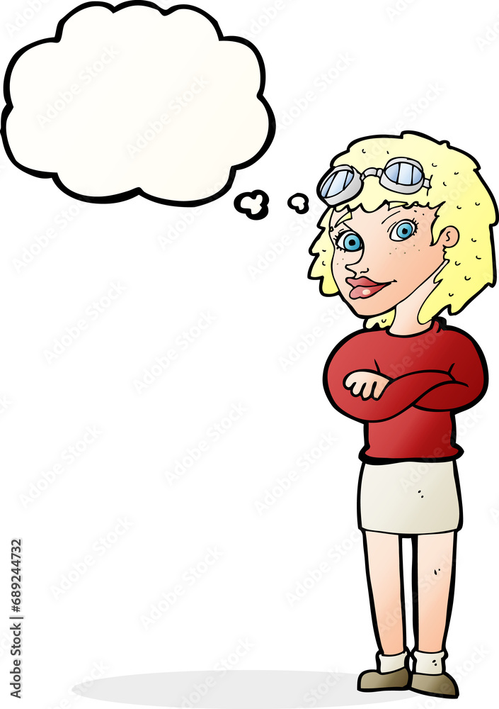 cartoon woman with crossed arms and safety goggles with thought bubble cartoon woman with crossed arms and safety goggles with thought bubble