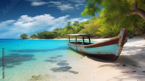 Caribbean sea and boat on the shore of an exotic tropical island.