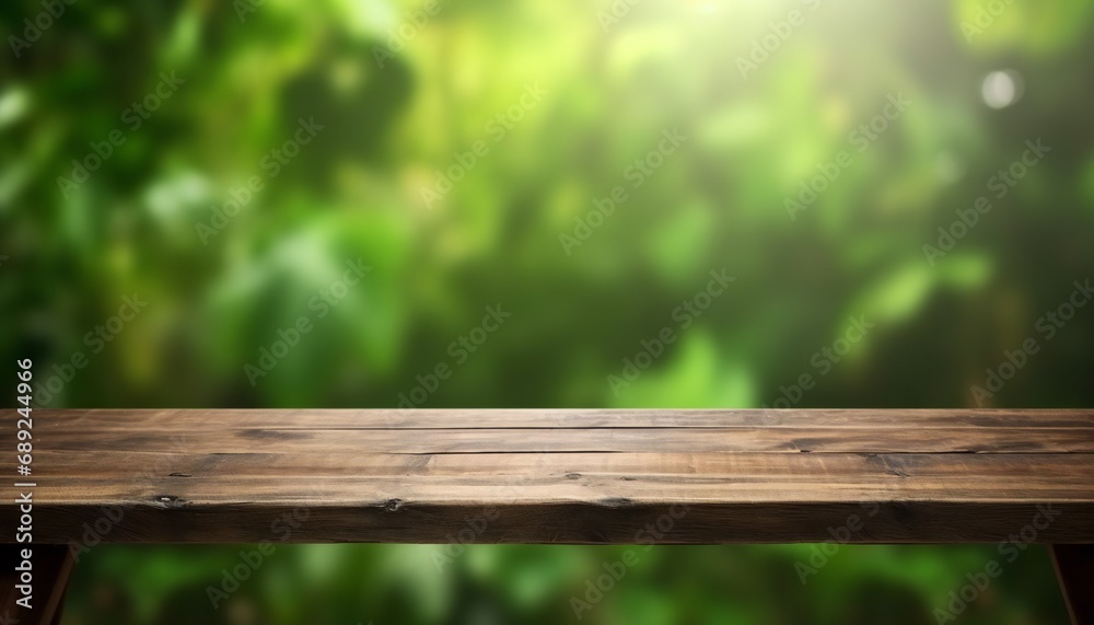 Empty wooden table with blurred green background. wooden desk in garden Empty wooden table with blurred green background. wooden desk in garden