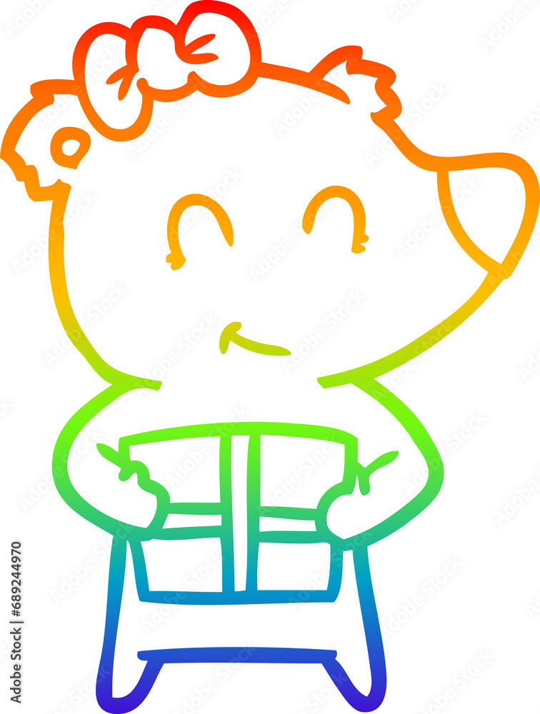 rainbow gradient line drawing of a female polar bear with christmas present rainbow gradient line drawing of a female polar bear with christmas present