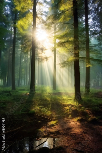 beautiful magic forest in the sunny foggy view. Sunlight in the green forest. Vertical orientation