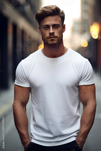 male model wearing a classic white cotton t-shirt on a city street. Vertical orientation