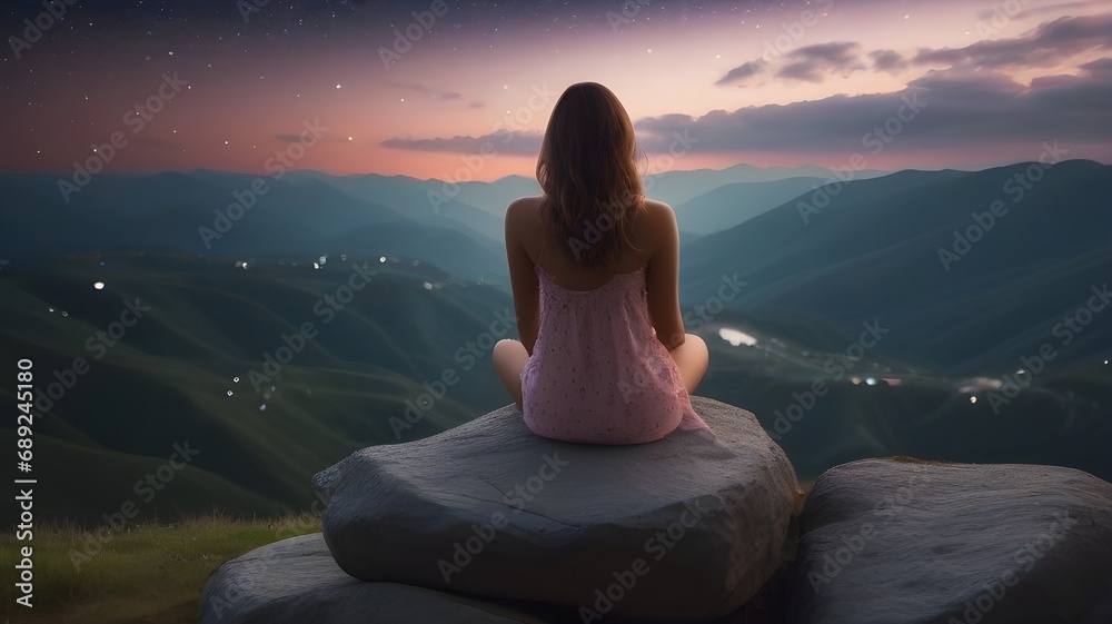 woman from the back meditating and  doing yoga on a mountain rock with a mountain landscape in the background