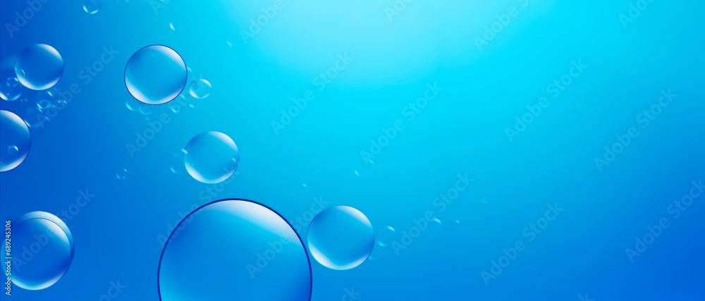 Fresh crystal-clear blue water bubbles abstract horizontal wallpaper wellnes, refreshment and cosmetics concept, copy space for text - obrazy, fototapety, plakaty 