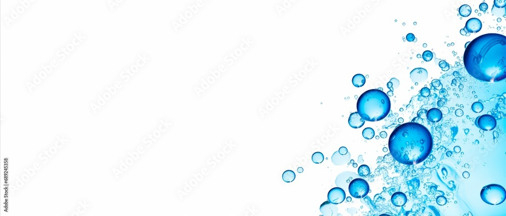 Fresh crystal-clear blue water bubbles abstract horizontal wallpaper wellnes, refreshment and cosmetics concept, copy space for text - obrazy, fototapety, plakaty 