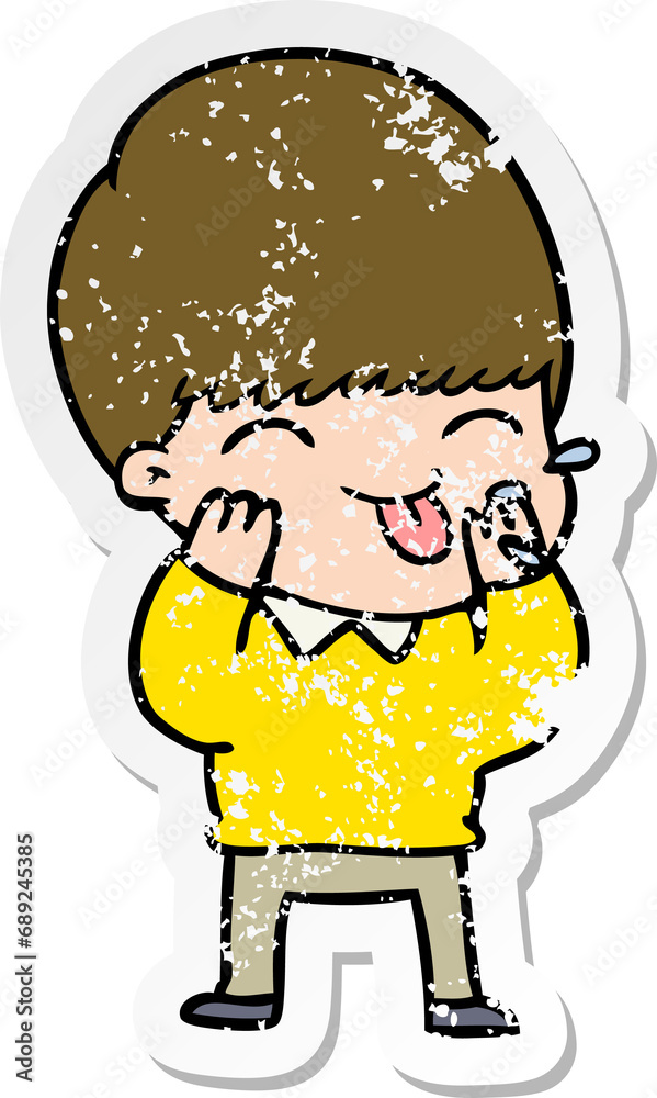 distressed sticker of a cartoon boy blowing raspberry distressed sticker of a cartoon boy blowing raspberry