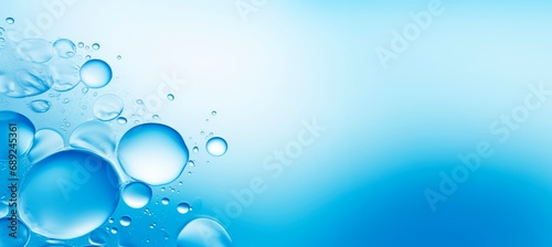 Fresh crystal-clear blue water bubbles abstract horizontal wallpaper wellnes, refreshment and cosmetics concept, copy space for text