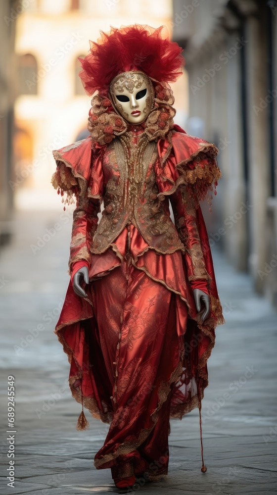 A woman in a red carnival mask and a fancy dress