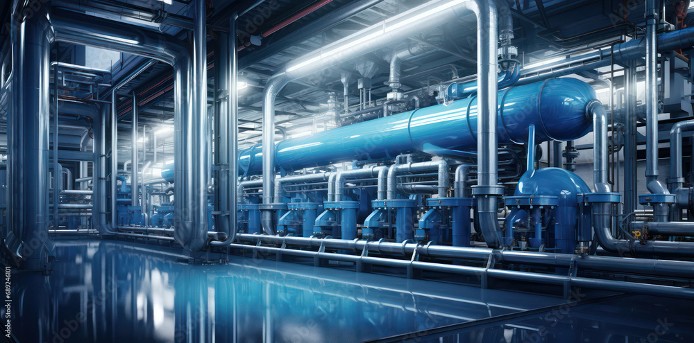 Gas metal pipe blue industrial equipment plant steel tube engineer factory background pipeline