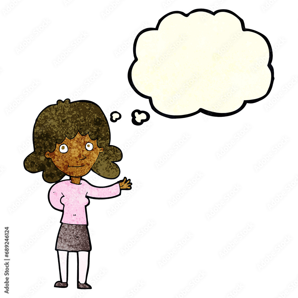 cartoon friendly woman with thought bubble cartoon friendly woman with thought bubble