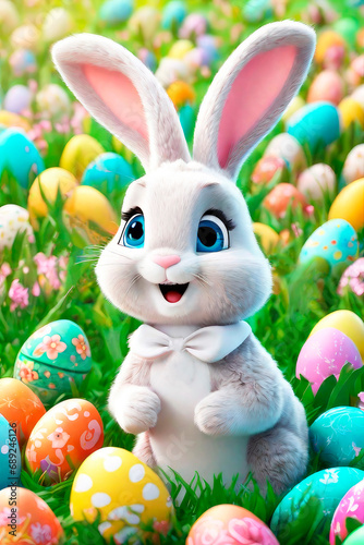 Easter greeting card with bunny, colourful eggs and flowers, 3d render modern illuatration.