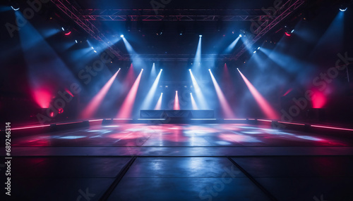 club interior with color beams of lamps. Stage illuminated by blue and pink spotlights