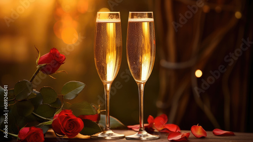 Two glasses of white wine on a table with a romantic ambiance, suggesting a celebration of a valentines day.