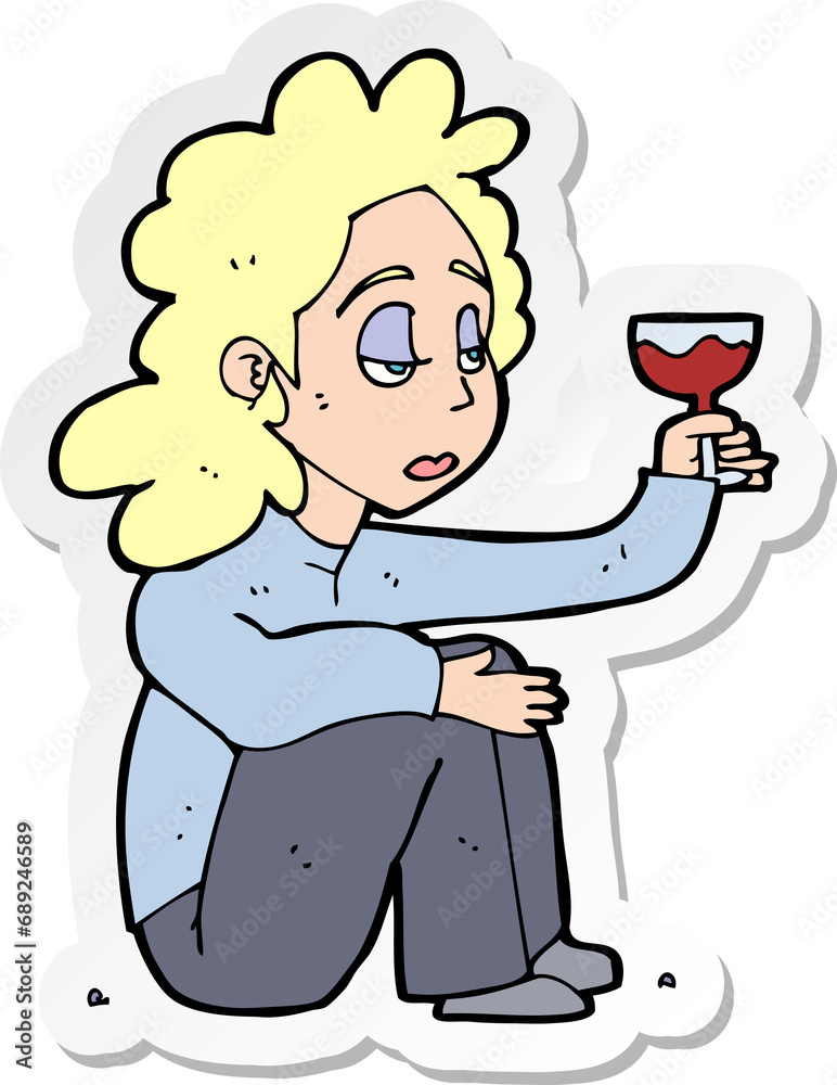 sticker of a cartoon unhappy woman with glass of wine sticker of a cartoon unhappy woman with glass of wine