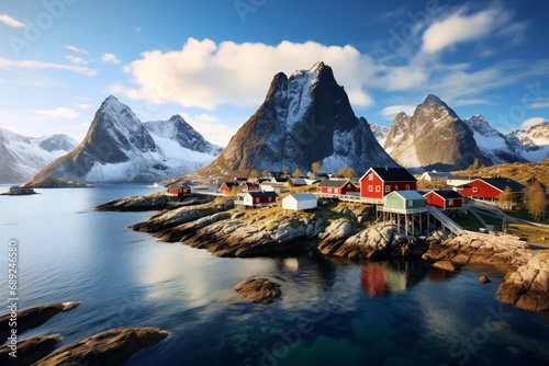 winter fishing village at sunset. View on the house in the Hamnoy village, Lofoten Islands photo