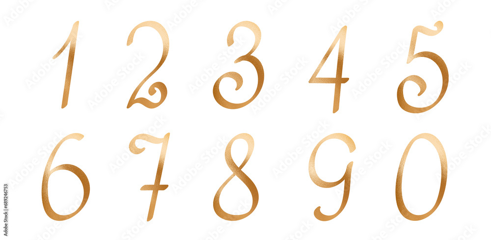 Numbers from one to ten decorated with golden metal effect monogram script illustration, design elements in simple handwritten style, decorative lettering collection, elegant luxurious vintage font