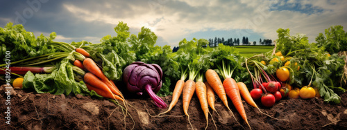 Freshly harvested vegetables laid out on the soil, highlighting the bounty of organic agriculture.