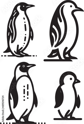set of black and white vector illustrations of penguins